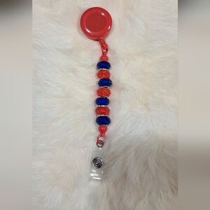 🔥 Firecracker Beaded Badge Reel – Red, Blue & Bold Sparkle